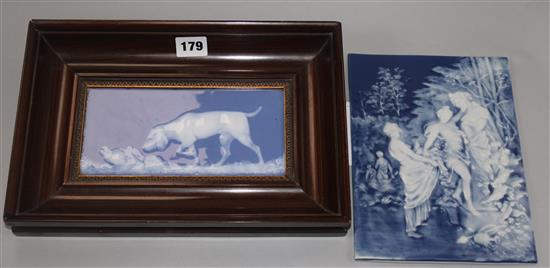Two French pate-sur-pate plaques of a dog and pan the latter, signed L.Pauliat